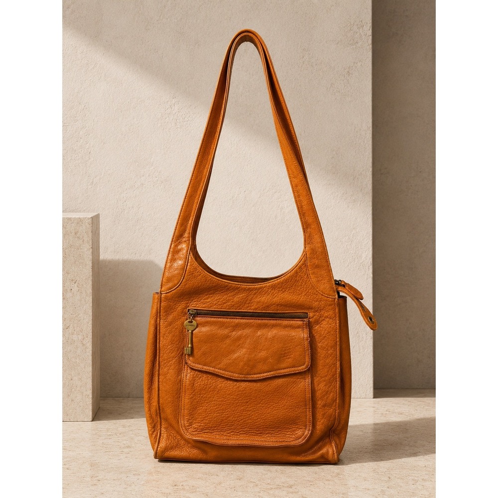 Fossil Womens Shoulder Bag Medium Orange Leather Pebbled Brass Key Vintage Y2K